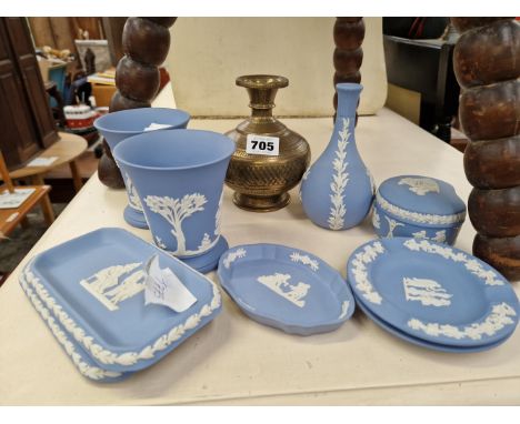 WEDGWOOD BLUE JASPER WARES TOGETHER WITH AN INDIAN BRASS BOTTLE