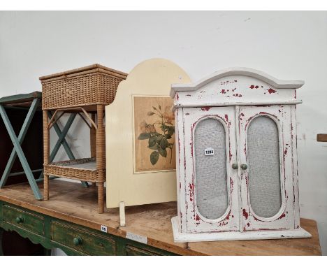 A PAINTED GLAZED CABINET, A SEWING TABLE, A FIRE SCREEN AND A TRAY TABLE. 
