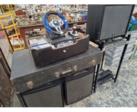A PAIR AND ANOTHER SPEAKER, TOGETHER WITH A MM ELECTRONICS SOUND MIXING SYSTEM, A LOGIC THREE PLAY STATION, DVDS AND GAMES