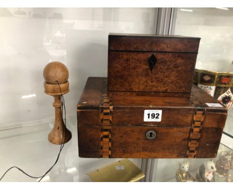 A YEW WOOD TWO COMPARTMENT TEA CADDY, A TONBRIDGE WARE BOX AND A WOODEN BILBOQUET