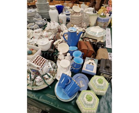 ROYAL ALBERT AND SPODE TEA WARES, A PALISSY COFFEE SET, BOX AND OTHER CAMERAS, STONE EGGS, ETC.