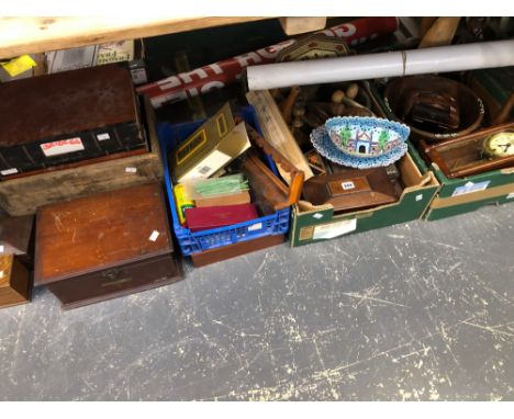 TREEN, BOXES, TEA CADDIES, A WALL CLOCK, AN INDIAN ENAMEL BOWL AND STAND, A TABLE LAMP ETC