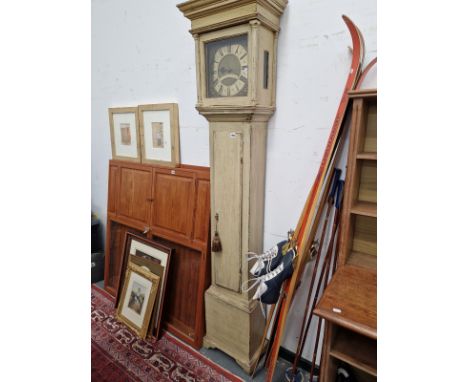 A GEORGIAN OAK CASED (LATER PAINTED) THIRTY HOUR SINGLE HANDED LONG CASE CLOCK WITH BRASS DIAL SIGNED WILLIAM RISBRIDGER, DOR