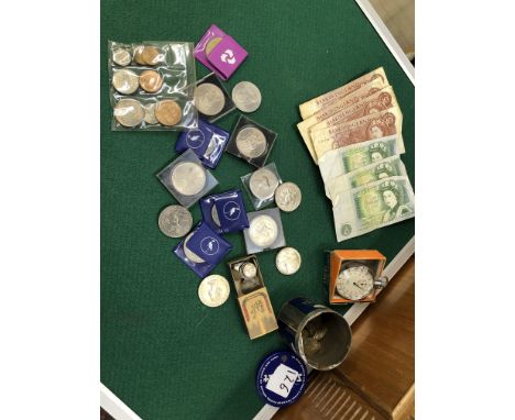 VARIOUS COINAGE AND BANKNOTES TOGETHER WITH A VINTAGE SMITHS 1/10TH SECOND STOPWATCH.