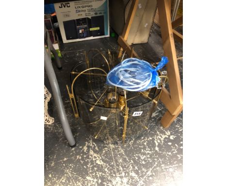 A GLASS AND GILT METAL THREE SOCKET CEILING LIGHT