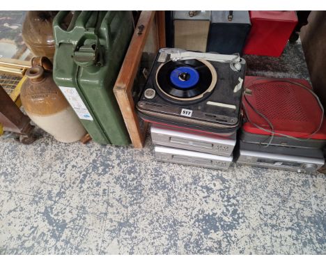 DENON CD PLAYERS, A DENON TUNER, A SCHNEIDER TURN TABLE, A JERRY CAN TOGETHER WITH TWO STONE WARE FLASKS