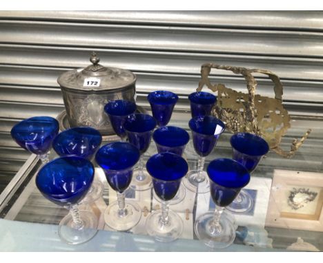 THIRTEEN BLUE BOWLED DRINKING GLASSES, AN ELECTROPLATE WINE BOTTLE CRADLE TOGETHER WITH A BISCUIT BARREL