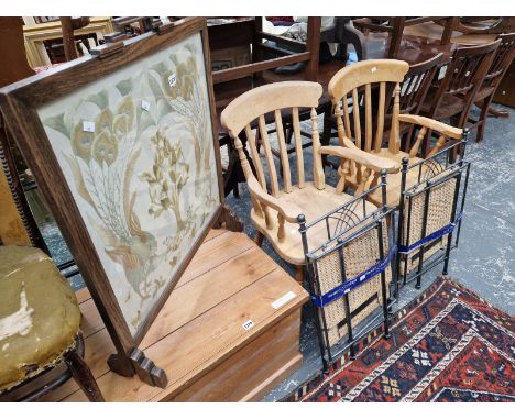 A PAIR OF WROUGHT IRON FOLDING STANDS, A FIRE SCREEN ANDTWO ARMCHAIRS. 