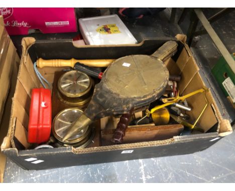 A MAHOGANY MOUNTED ANEROID BAROMETER AND A CLOCK, A BALANCE SCALE, VARIOUS TOOLS AND A PAIR OF FIRE BELLOWS