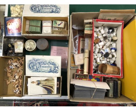 VARIOUS COLLECTABLES TO INCLUDE CIGARETTE CARDS, STAMPS, VINTAGE ADVERTISING TINS, TOYS, THIMBLES ETC.