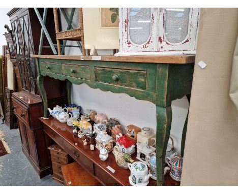 A VINTAGE FRENCH STYLE PINE THREE DRAWER SIDE TABLE / HALL TABLE. 77 X 183 X 44CMS.