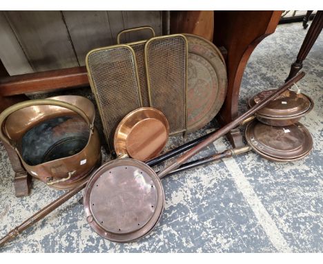 A COPPER COAL SCUTTLE, A MESH FIRE SCREEN TOGETHER WITH FOUR COPPER WARMING PANS