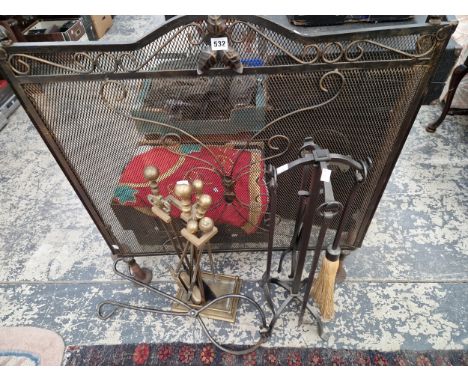 TWO STANDS OF FIRE IRONS TOGETHER WITH A THREE FOLD MESH FIREGUARD