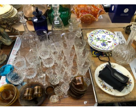 A JOHN WALSH WALSH FOR CLYNE FARQUARSON LEAF PATTERN DECANTER AND GLASSES, OTHER GLASSWARE AND A BLUE GLASS PHARMACY BOTTLE