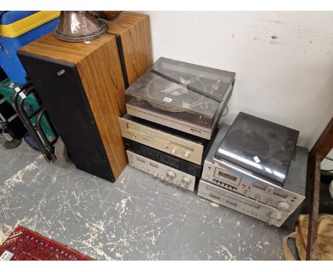 A PAIR OF FERGUSON SPEAKERS, TURNTABLE AND SOUND EQUIPMENT TOGETHER WITH A ROTEL TUNER AND A MURPHY CD PLAYER