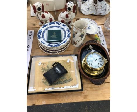 A BRASS SHIPS CLOCK, CHINESE UNFRAMED WATERCOLOURS, AN OLYMPUS CAMERS, DECORATIVE PLATES AND A PAIR OF SPANIELS FIGURES