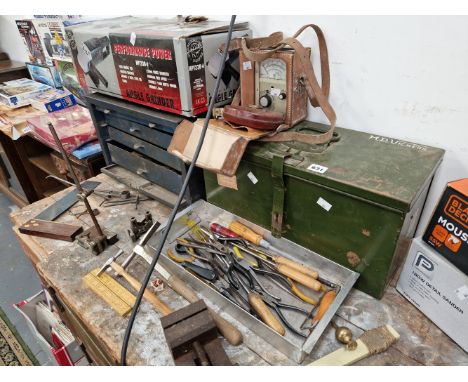 AN ANGLE GRINDER, A BLACK AND DECKER SANDER, VARIOUS TOOLS, TWO METAL TOOL BOXES, A LEATHER CASED TAPE MEASURE, ETC.
