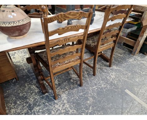 AN ERCOL ELM DINING TABLE 74 X 181 X 89CMS, AND SIX LADDER BACK CHAIRS.