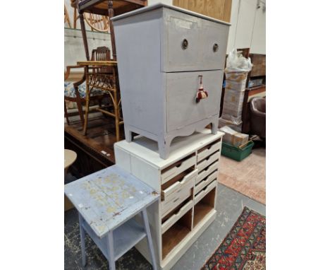 A NEST OF HABERDASHERS DRAWERS 92 X 76X 50CMS, A GEORGIAN PAINTED COMMODE 79 X 66 X 44CMS, AND A CARD TABLE. 