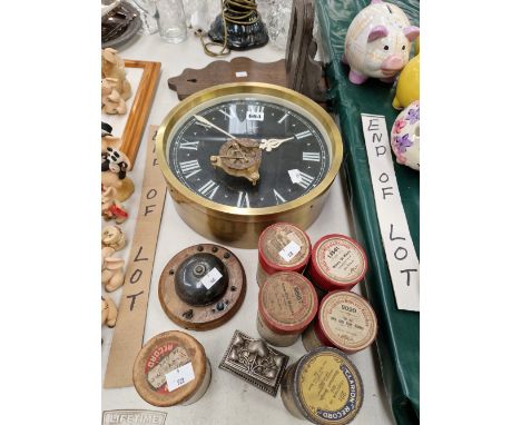 A WALL CLOCK, WOODEN WALL BRACKET, EDISON CYLINDRICAL DISCS, A NAVIGATING COMPASS/SUN DIAL AND A BLR ELECTRIC BELL