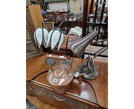 A PAIR OF TABLE LAMPS WITH MILK GLASS TULIP SHADES, AN ANGLE POISE LAMP AND A COPPER KETTLE