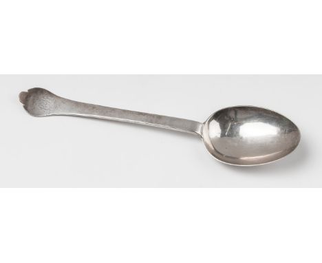 A Charles II silver trefid spoon, the bowl with ribbed rattail, initialled EY to back of terminal and dated 1683. Marks rubbe