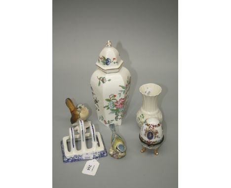 A mixed lot of decorative ceramics to include a George Jones Abbey pattern toast rack, Belleek spill vase, Limoges egg shaped