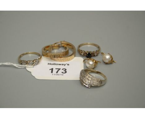 A diamond set crossover ring, a multi row stone set dress ring together with one further ring, two pairs of earrings