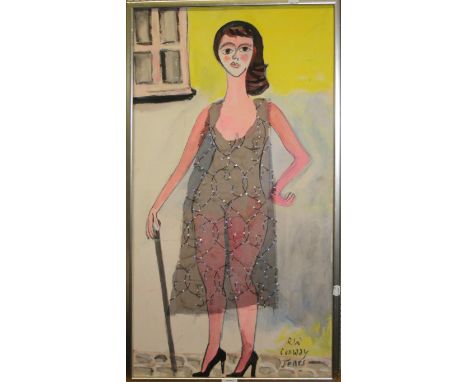 R W Conway Jones. 20th century, ' Lady with cane/ femme de la rue', oil with material overlay on fabric covered artists board