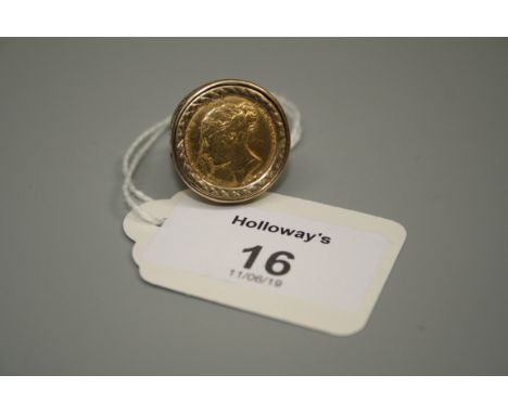 A Victorian half sovereign dated 1872, in later gold ring mount, overall weight 7.9g, Ring size P