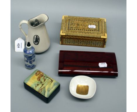 An early 20th century Gustavsberg doll's part dinner service, two German porcelain boxes and covers, a Russian  Papier-mâché 