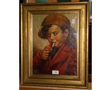 Attributed to Antonio Vallone (Italian, early 20th century) A boy lighting a cigarette oil on canvas, signed 'Vallone' and in