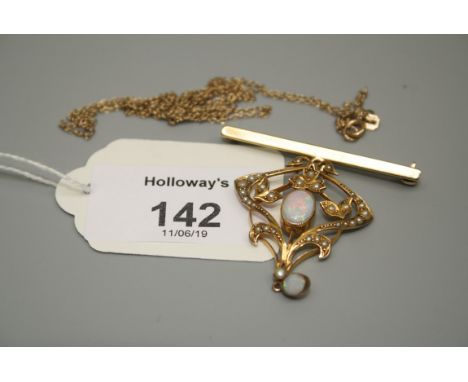 An Art Nouveau opal and seed pearl pendant, with later bar fitting and trace link chain, 7.4g