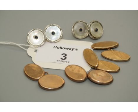 A pair of Edwardian platinum fronted gold mother of pearl cufflinks, together with two pairs of 9ct gold cufflinks, overall w