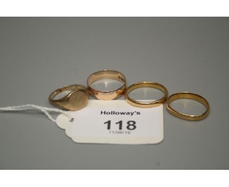 A 22ct gold wedding band, another similar, a 9ct gold signet ring and a Victorian 15ct gold band, 22ct - 6.6g, 15ct - 2.5g, 9