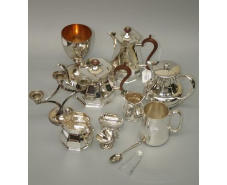 A small quantity of silver plate to include an octagonal four piece tea service, goblet with gilded interior, tankard and oth