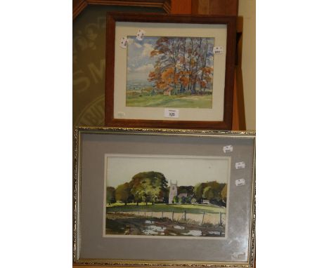 E R Roberts Heythrop Church watercolour, signed 21 x 23cm together with a small watercolour landscape