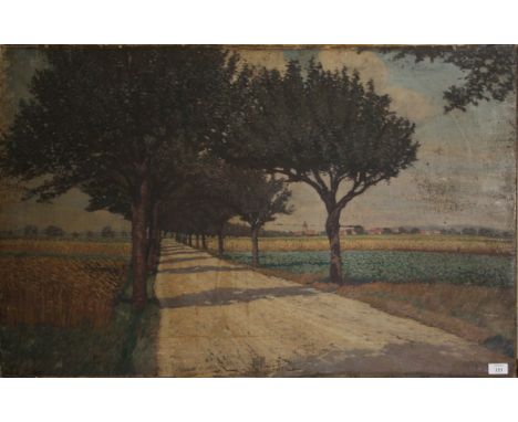 R. Stewart (?) (early 20th century) A tree-lined road in the French countryside oil on canvas, indistinctly signed lower righ