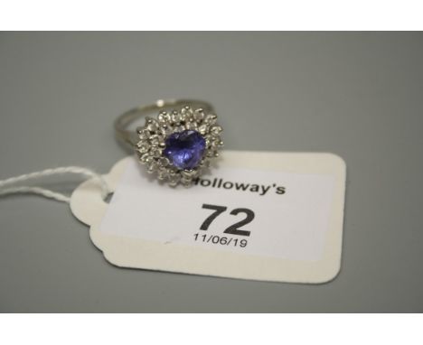 A 14ct white gold diamond and tanzanite heart shaped cluster ring 5.7g, Ring size O