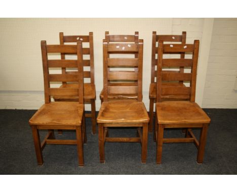 A set of six reproduction oak and elm ladder back dining chairs, each with saddle seat on square supports (all standard)