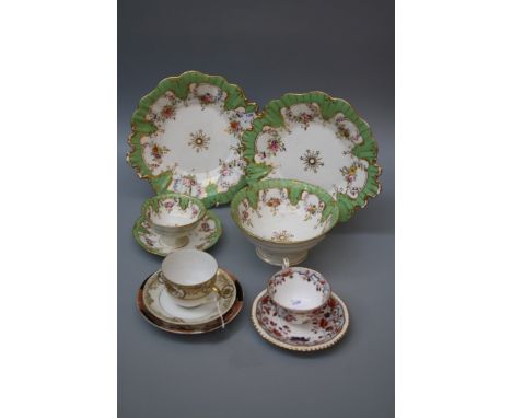 A 19th century English porcelain part tea service, comprising a pair of cake plates, slop, four cups and saucers, each hand d