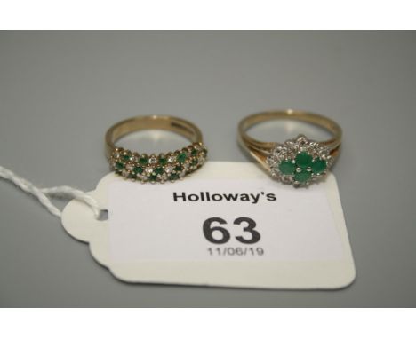 A four stone emerald and diamond cluster ring, together with a three row emerald and diamond ring in a 9ct gold mount 4.5g