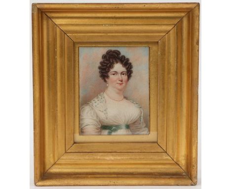 J T Mitchell (act 1798-1830) portrait miniature on ivory, quarter-length portrait of a lady in white dress and blue silk sash