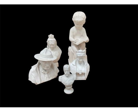 Plaster figure of a child writing, together with a Coalport bust of Baden-Powell, and Parian ware busts of Queen Victorian, Q