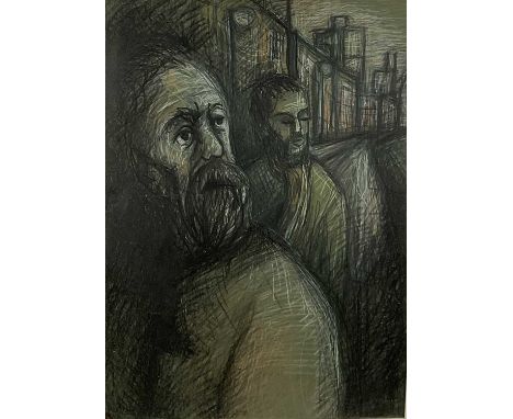 Modern British mixed media, two men in a cityscape, 74cm x 53.5cm, framed