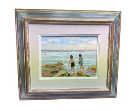 Leslie Stones oil on board, figures on a beach, signed, 15 x 20cm, framed, Lavenham Wildlife Gallery label verso