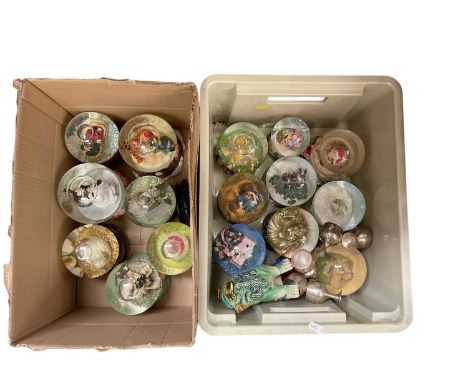 Three boxes of ceramics and snow globes etc