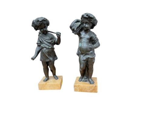Pair of 19th century bronze figures, emblematic of the seasons, on marble bases, 22cm high