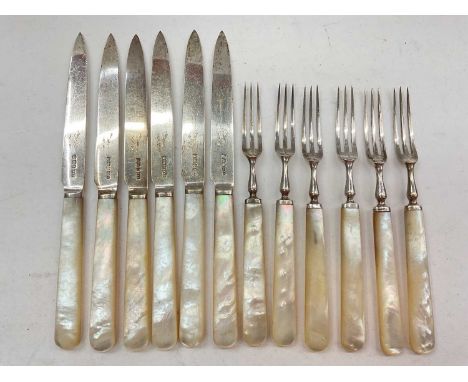 Set of twelve Victorian silver and mother of pearl handled cake knives and forks (Sheffield 1898)