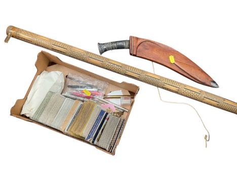 Kukri knife, tribal bamboo baton holder, vintage cards and pens etc
